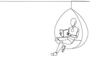 continuo uno linea disegno robot seduta rilassare nel sospeso sedia lettura un' libro. la spesa il fine settimana lettura il preferito finzione storia libro. amore lettura. singolo linea disegnare design illustrazione vettore