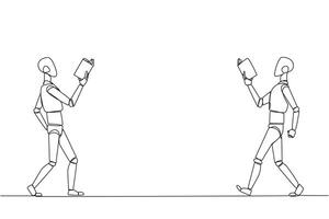 singolo uno linea disegno Due robotica a piedi viso per viso lettura libri. gesto di memorizzare qualcosa a partire dal un' libro. dipendente per lettura. libro Festival. continuo linea design grafico illustrazione vettore