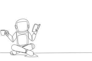 singolo uno linea disegno astronauta seduta a gambe incrociate lettura il libro. accompagnato di boccale di caffè per rendere lettura Di Più interessante. conoscenza. calma. continuo linea design grafico illustrazione vettore