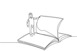 singolo continuo linea disegno arabo uomo in piedi al di sopra di Aperto libro mastro svolta il pagine. leggere lentamente per capire il Contenuti di ogni pagina. lettura aumenta intuizione. uno linea design illustrazione vettore