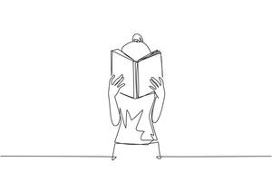 singolo continuo linea disegno donna sul serio lettura un' libro fino a copertina il viso. nervoso quando di fronte il finale esami. provare per messa a fuoco. lettura aumenta intuizione. uno linea design illustrazione vettore