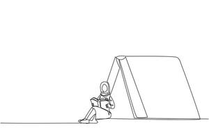 singolo continuo linea disegno arabo donna seduta nel davanti di grande a forma di tenda libro. lettura avventura finzione libri nel il selvaggio. dipendente per lettura. libro Festival. uno linea illustrazione vettore