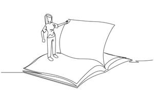 continuo uno linea disegno donna in piedi al di sopra di Aperto libro mastro svolta il pagina. leggere lentamente per capire il Contenuti di ogni pagina. lettura aumentare intuizione. singolo linea disegnare design illustrazione vettore