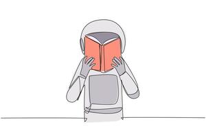 singolo uno linea disegno astronauta sul serio lettura libro fino a copertina il viso. nervoso quando di fronte il finale esami. provare per messa a fuoco. lettura aumentare intuizione. continuo linea design grafico illustrazione vettore