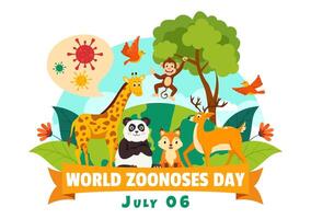 mondo zoonosi giorno illustrazione su 6 luglio con vario animali e pianta quale è nel il foresta per proteggere nel piatto cartone animato sfondo design vettore