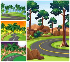 Quattro scene con strade e foresta vettore