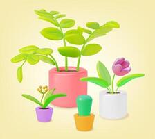 3d diverso tipi piante d'appartamento nel cachepot impostato cartone animato vettore