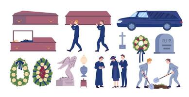 cartone animato colore funerale Servizi e cerimonia sepoltura diverso elementi impostare. vettore