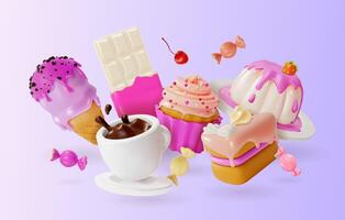 3d fresco e delizioso dolce dolci ordine concetto sfondo cartone animato vettore
