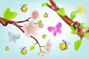 3d fioritura sakura ramo con volante in giro api, farfalla e coccinella insetto cartone animato vettore