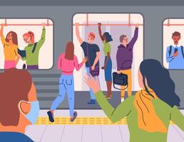 cartone animato colore diverso personaggi persone e metropolitana treno concetto. vettore