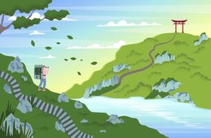 cartone animato colore personaggio uomo e avventura escursioni a piedi il trekking concetto vettore