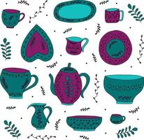 illustrazione vettoriale con collezione di stoviglie in ceramica fatta a mano colorata. articoli da cucina in ceramica - tazze, piatti, scodelle, caraffe, bollitori, stoviglie.