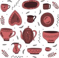 illustrazione vettoriale con collezione di stoviglie in ceramica fatta a mano colorata. articoli da cucina in ceramica - tazze, piatti, scodelle, caraffe, bollitori, stoviglie.