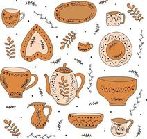 illustrazione vettoriale con collezione di stoviglie in ceramica fatta a mano colorata. articoli da cucina in ceramica - tazze, piatti, scodelle, caraffe, bollitori, stoviglie.