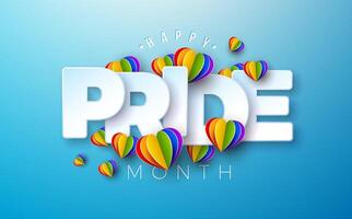 LGBTQ orgoglio mese illustrazione con arcobaleno colore carta cuori e bianca testo etichetta su leggero blu sfondo. amore è amore umano diritti o diversità concetto. lgbt evento bandiera design per vettore