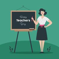 illustrazione di un' insegnante in piedi nel davanti di un' grande bandiera e dando un' presentazione. insegnanti giorno concetto. vettore