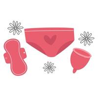 donna collezione per mestruazioni. pantaloni, pastiglie, tampone e mestruale tazza. vettore