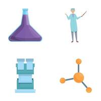chimica icone impostato cartone animato . uomo scienziato nel laboratorio vettore