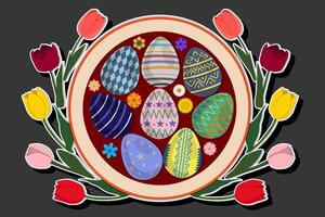 illustrazione su tema celebrazione vacanza Pasqua con caccia colorato luminosa uova, bandiera consistente di caccia diverso Pasqua uova, bellissimo Pasqua uova siamo principale accessorio a astratto sfondo vettore