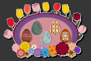 illustrazione su tema celebrazione vacanza Pasqua con caccia colorato luminosa uova, bandiera consistente di caccia diverso Pasqua uova, bellissimo Pasqua uova siamo principale accessorio a astratto sfondo vettore