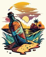 vino bottiglia su il spiaggia, illustrazione nel retrò stile vettore