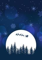 Babbo Natale e renne che volano attraverso la luna piena su uno sfondo di cielo notturno. illustrazione della priorità bassa di vettore di natale.