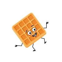 simpatico personaggio belga waffle con emozioni felici, viso, sorriso, occhi, braccia e gambe. persona allegra al forno, dessert con espressione gioiosa. illustrazione vettoriale piatta