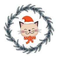 simpatico gatto o gattino con cappello da Babbo Natale e fiocco in stile infantile con cornice da ghirlanda natalizia festiva. animale divertente con faccia felice. illustrazione vettoriale piatta per vacanze e capodanno