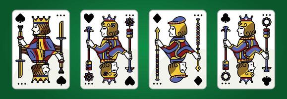 re e Regina carta illustrazione impostato di cuori, vanga, diamante e club, reale carte design collezione vettore