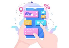 negozio mobile o shopping online nell'illustrazione vettoriale dell'applicazione. promozione marketing digitale, pagamento e acquisto tramite carta di credito per poster