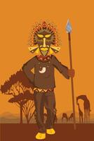 nativo africano tribale personaggio con maschera impostare. tipico africano sfondo di alberi, giraffe e elefanti. vettore