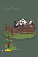 femmina mucca con vitello nel paesaggio e azienda agricola. mucca azienda agricola cartone animato. vettore