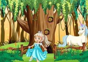 principessa e unicorno sullo sfondo del giardino incantato vettore