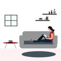 donna lettura un' libro a casa - piatto illustrazioni isolato su bianca vettore