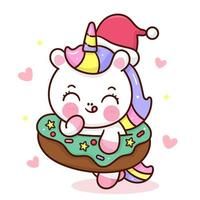 carino unicorno babbo natale e ciambella di natale cartone animato kawaii vettore