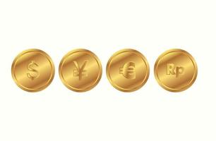 dollaro, yuan, euro, rupia, icona della valuta. con struttura dorata vettore