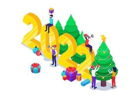 le persone festeggiano il nuovo anno vicino al grande simbolo dei numeri 2022, decorando un albero di natale con scatole regalo. sposare il concetto di design di natale e felice anno nuovo. illustrazione vettoriale isometrica