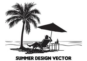 estate design palma albero seduta su sedia davanti tavolo e ombrello uomo spiaggia per Stampa su richiesta nero grassetto semplice schema su bianca sfondo gratuito design vettore