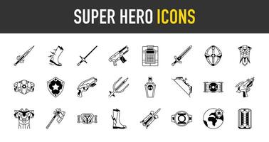 super eroe icona impostare. come come come pistola, arma, spada, radioattivo, medievale, Mazza, gioco risorse, arco, scudo, squillo, blaster, stivali, armatura e Di Più icone . Armi illustrazione. vettore
