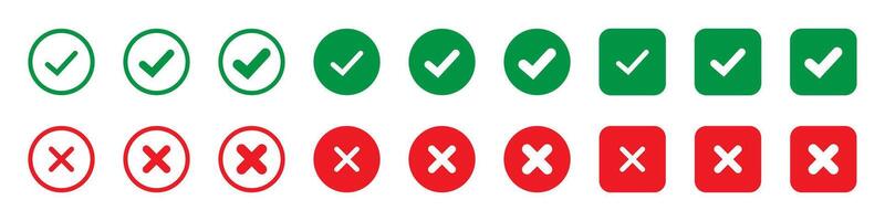giusto o sbagliato icone. verde zecca e rosso attraversare segni di spunta nel cerchio piatto icone. sì o no simbolo, approvato o respinto icona per utente interfaccia. vettore