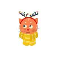 simpatico gatto con corna di cervo e una sciarpa. illustrazione di natale in stile cartone animato piatto vettore