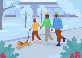 illustrazione vettoriale di colore piatto passeggiata invernale. i genitori trascorrono del tempo con il bambino e il cane nel parco. stagione festiva. personaggi dei cartoni animati 2D della famiglia felice con paesaggio urbano invernale sullo sfondo