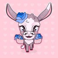 simpatico personaggio di vettore del fumetto di asino kawaii. adorabile e divertente sorridente e felice animale isolato adesivo, patch. anime bambina mulo, burro con fiori blu emoji su sfondo rosa