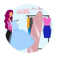 donna che prova sull'icona di concetto piatto vestito. ragazza che sceglie vestiti al centro commerciale, negozio, adesivo negozio di abbigliamento. elegante signora nel personaggio del camerino. fare acquisti, fare acquisti. illustrazione di cartone animato isolato vettore