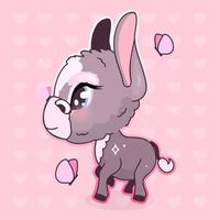 simpatico personaggio di vettore del fumetto di asino kawaii. animale adorabile e divertente con adesivo isolato di farfalle, toppa, illustrazione da ragazza, distintivo. anime bambina mulo, burro emoji su sfondo rosa