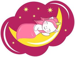 carino cartone animato unicorno dorme sotto un' coperta su il Luna. etichetta, cartolina. vettore