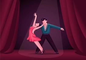 ballerini di rumba coppia colore piatto illustrazione vettoriale. partecipanti al concorso di ballo da sala latino personaggi dei cartoni animati 2d. salsa, partner di tango argentino con sipario sullo sfondo vettore