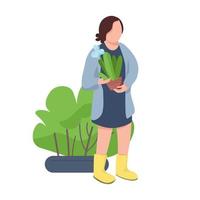 ragazza con vaso di fiori, donna che tiene il personaggio senza volto di vettore di colore piatto di pianta d'appartamento. giardinaggio, coltivazione di piante, illustrazione di cartone animato isolato agricoltura per la progettazione grafica e l'animazione web