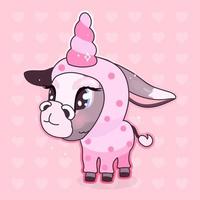simpatico personaggio di vettore del fumetto di asino kawaii. animale adorabile e divertente in costume da unicorno isolato adesivo, patch, illustrazione da ragazza. anime bambina mulo, burro emoji su sfondo rosa